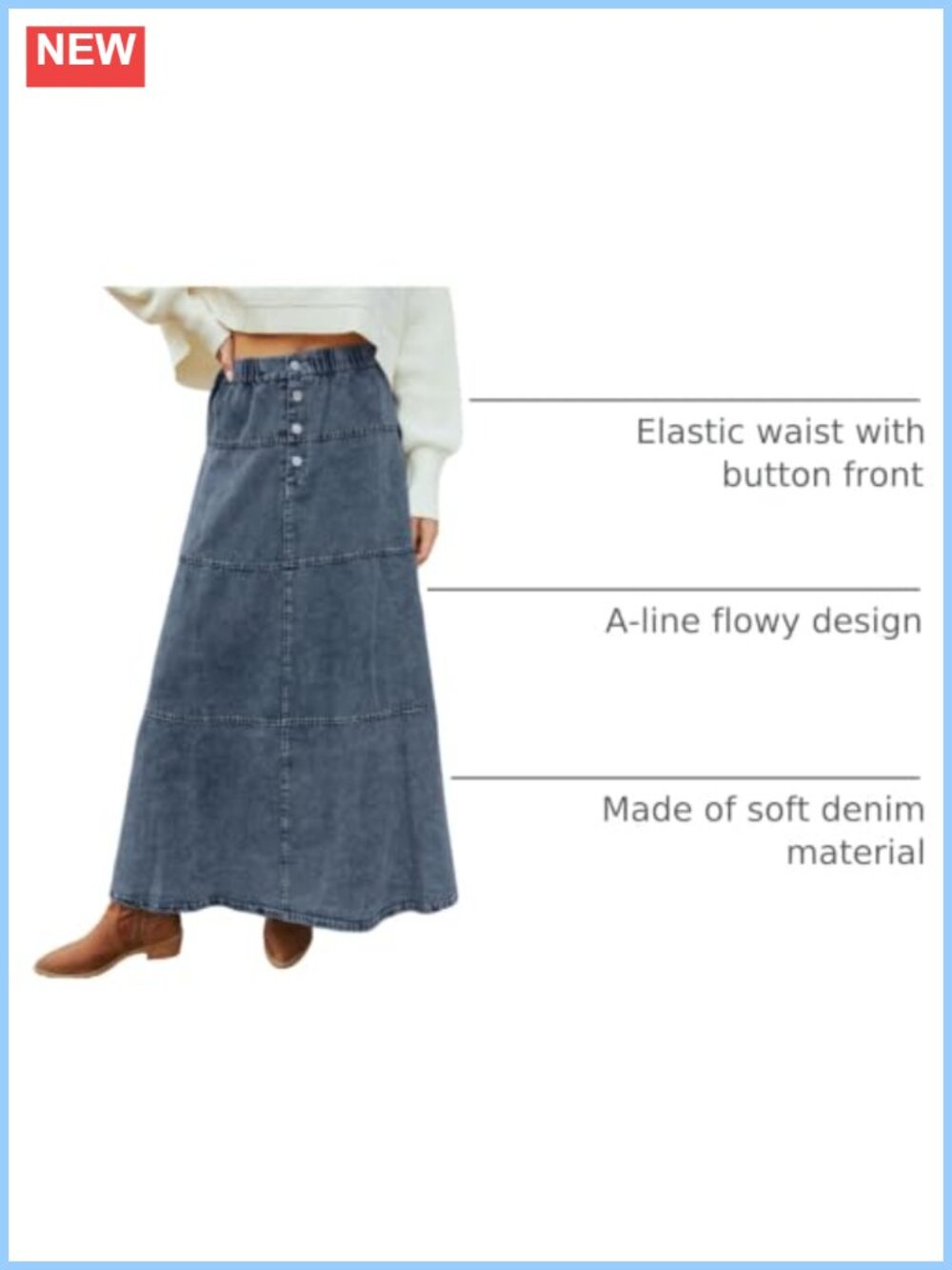 Women's High Waist Denim Maxi Skirt A-Line Tiered Patchwork Western - Picture 3 of 6